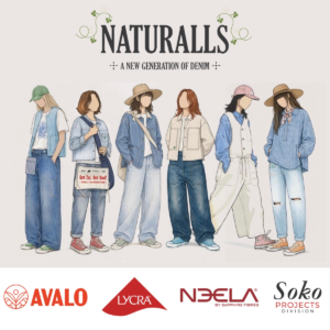 Illustration of the Naturalls denim capsule featuring four partner names and models wearing denim workwear-inspired garments