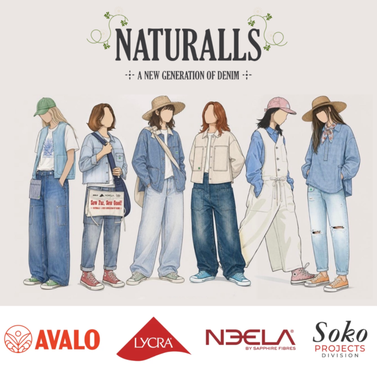 Illustration of the Naturalls denim capsule featuring four partner names and models wearing denim workwear-inspired garments